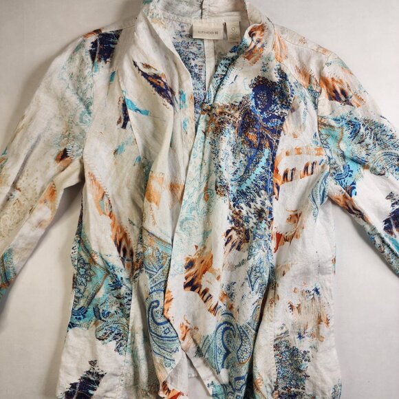 Chicos Women’s Cardigan Size 0 XS White Multi Abstract Open Front Chiffon Dolman - Picture 2 of 13